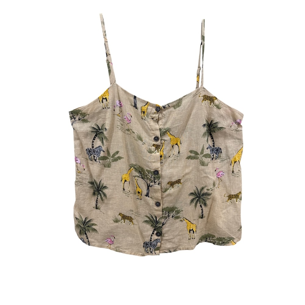 Old Navy Safari Animal Print Linen Cotton Blend Cami Button Front Top Tan XL
